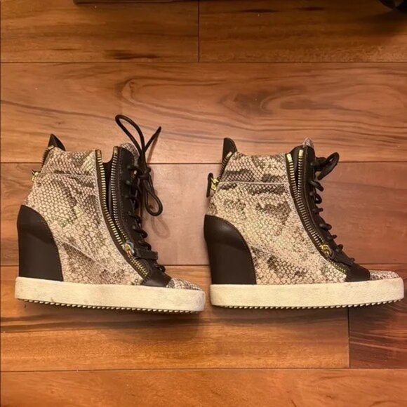 Giuseppe Zanotti Cream and Brown High-Top Wedge Sneakers - Picture 1 of 5